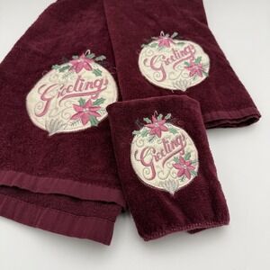 Set 3 Vintage Holiday Embroidered Santa Bath & Hand Towels 100% Cotton Maroon